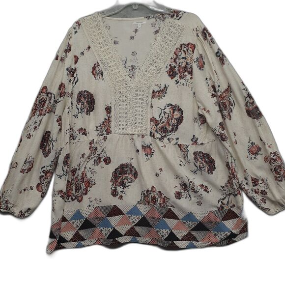 Maurices Women Top 1X White Floral Boho Peasant Blouse Lace 3/4 Sleeve V Neck - Picture 1 of 7